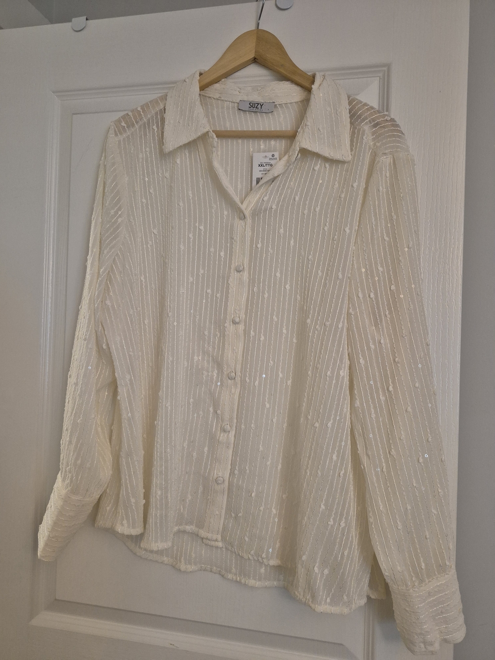 Suzy Cream Sequin-Striped Button Down Shirt